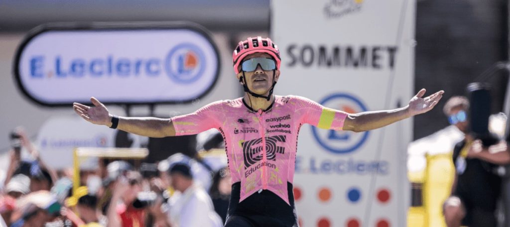 2024 Tour de France stage 17 win belongs to EF Education EasyPost rider Richard Carapaz wearing a POC helmet