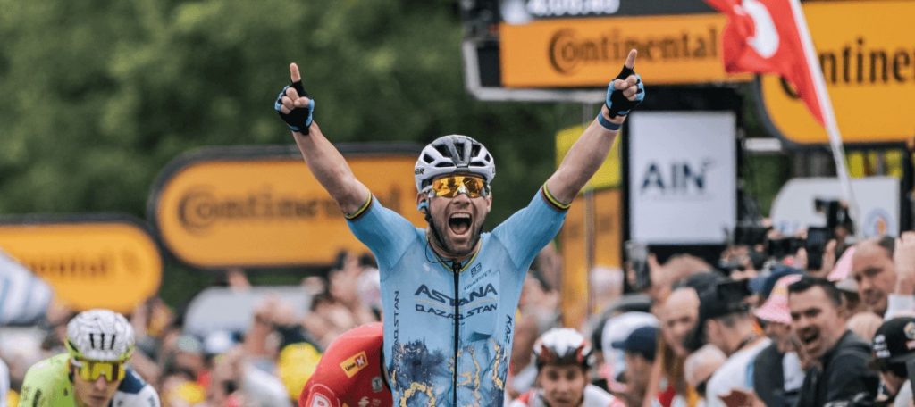 Mark Cavendish of Astana Qazaqstan made history in the 5th stage of the 2024 Tour de France, Saint Jean de Maurienne to Saint Vilbas, wearing a Limar helmet.