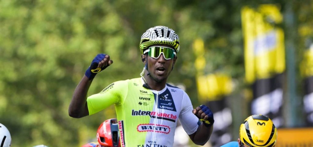 Intermarche Wanty's Biniam Guilmay won the longest stage of the 2024 Tour de France, the third stage from Plaisance to Turin, wearing a Uvex helmet