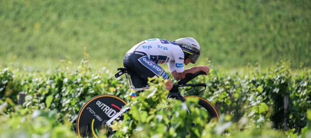 Soudal Quick Step's Remco Evenpoel won Stage 7, 2024, wearing a Specialized helmet wins the ITT race from Nuits Saint Georges to Gevrey Chambertin