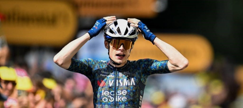 Stage 11 of the 2024 Tour de France won by Jonas Vengergaard of Visma Lease a Bike wearing a Giro helmet