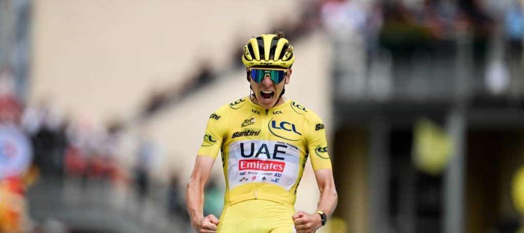 Tadej Pogacar of UAE Team Emirates wearing a Met helmet during the 2024 Tour de France Stage 14 victory at Saint Lary Soulan