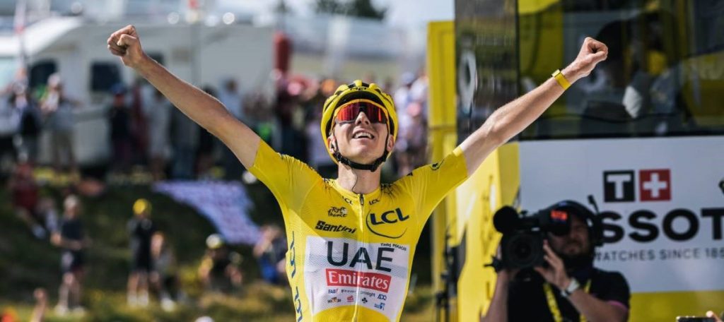 Tadej Pogacar of UAE Team Emirates won the 15th stage of the 2024 Tour de France in 1'08" wearing a Met helmet