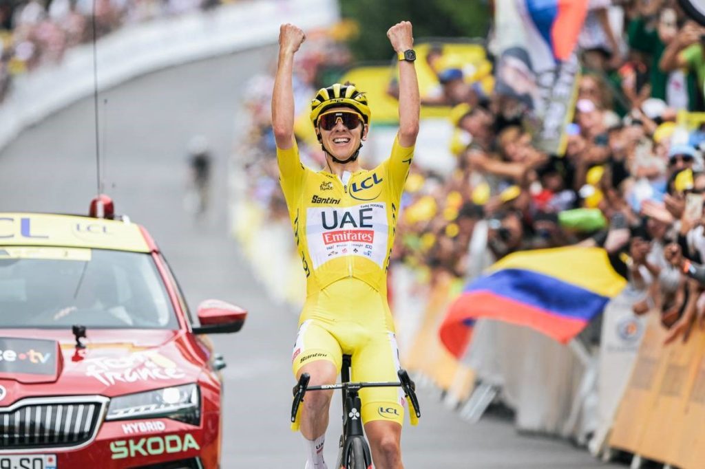 Tadej Pogacar of UAE Team Emirates won the 19th stage of the 2024 Tour de France in Saint Lary Soulan wearing a Met helmet