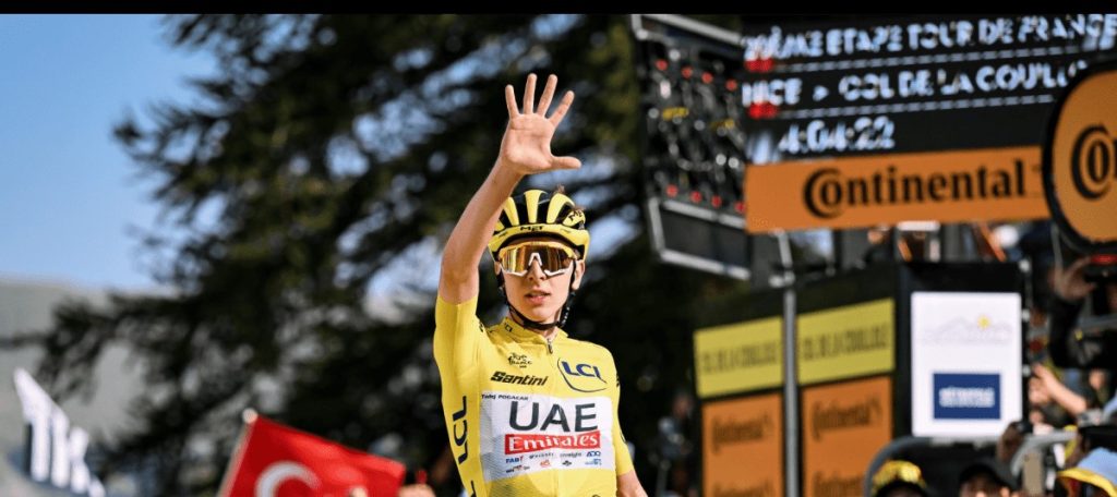 Tadej Pogacar of UAE Team Emirates won the 20th stage of the 2024 Tour de France with a strong sprint wearing a Met helmet