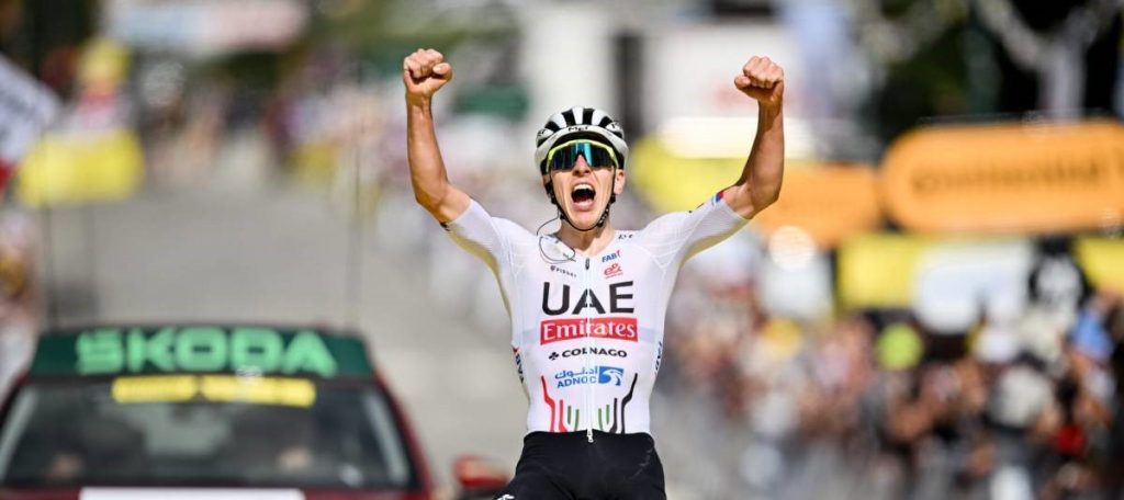 Team Emirates' Tadej Pogacar won the fourth stage of the 2024 Tour de France, Pinerolo to Valloire, wearing a Met helmet